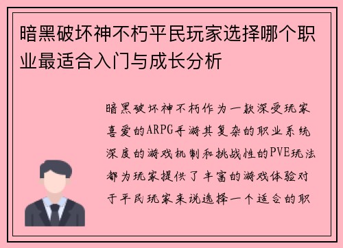 暗黑破坏神不朽平民玩家选择哪个职业最适合入门与成长分析